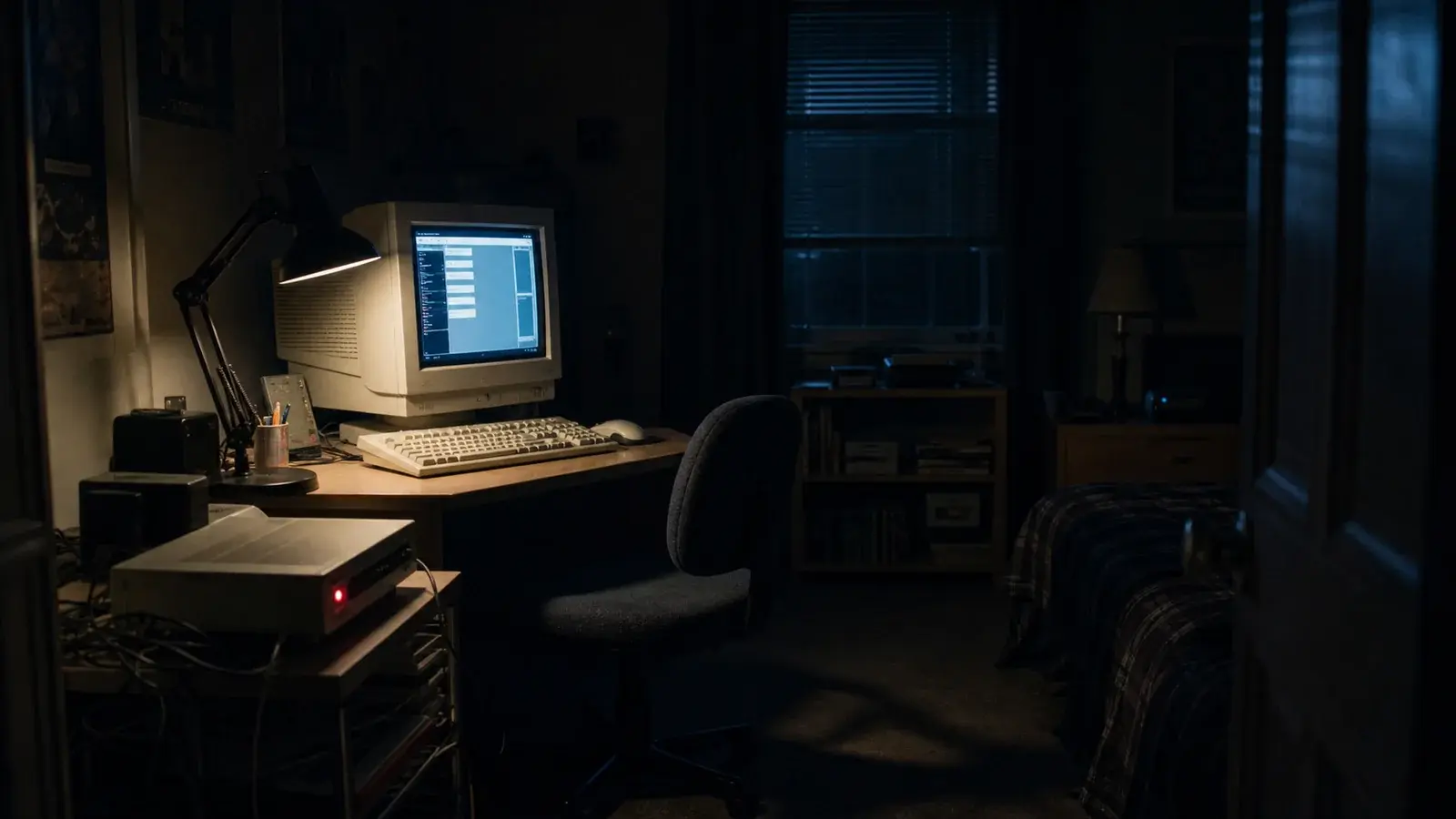 An empty 1990s bedroom with a glowing CRT computer, modem, cables, and desk lamp.