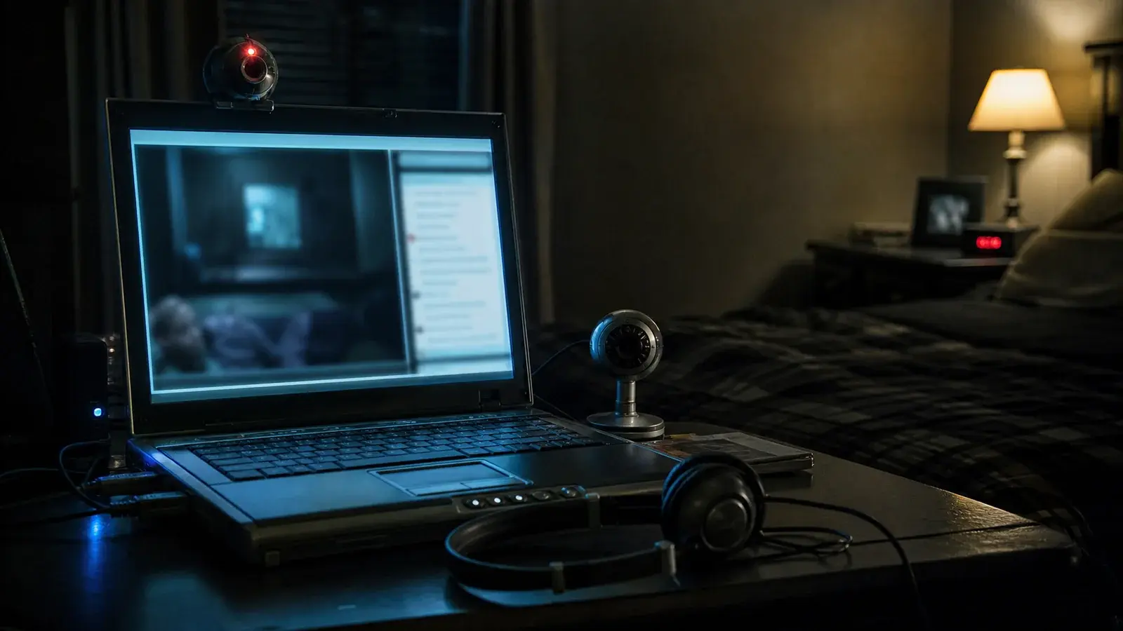 An empty late-2000s bedroom with a laptop, two webcams, and a red camera light.