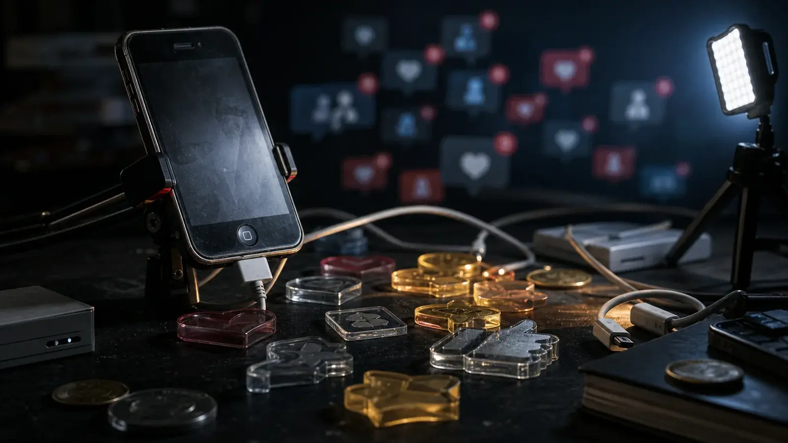 A livestream phone rig surrounded by physical gift tokens, coins, lights, and cables.