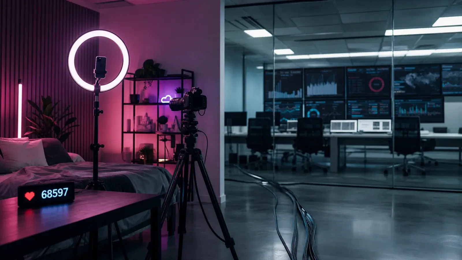 An empty creator studio connected by cables to a corporate analytics control room.
