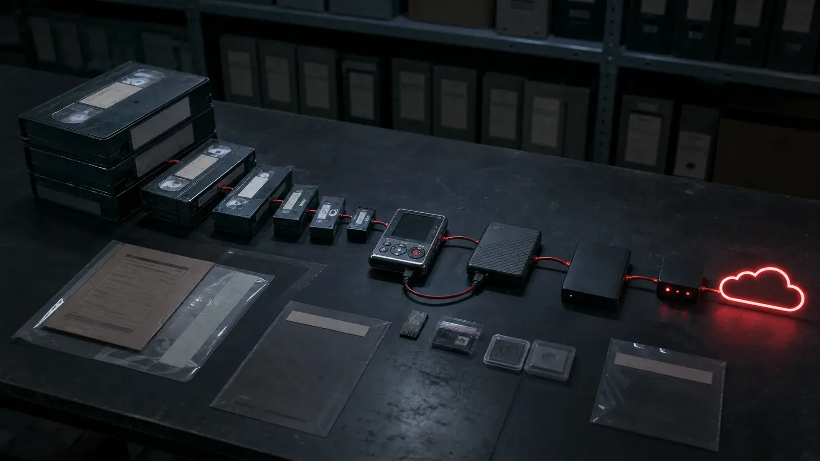 A forensic archive table showing recording media evolving from VHS tapes to cloud storage along one red cable.
