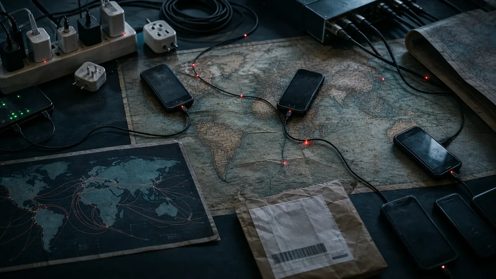 Phones and network cables crossing a worn world map on a dark operations table.