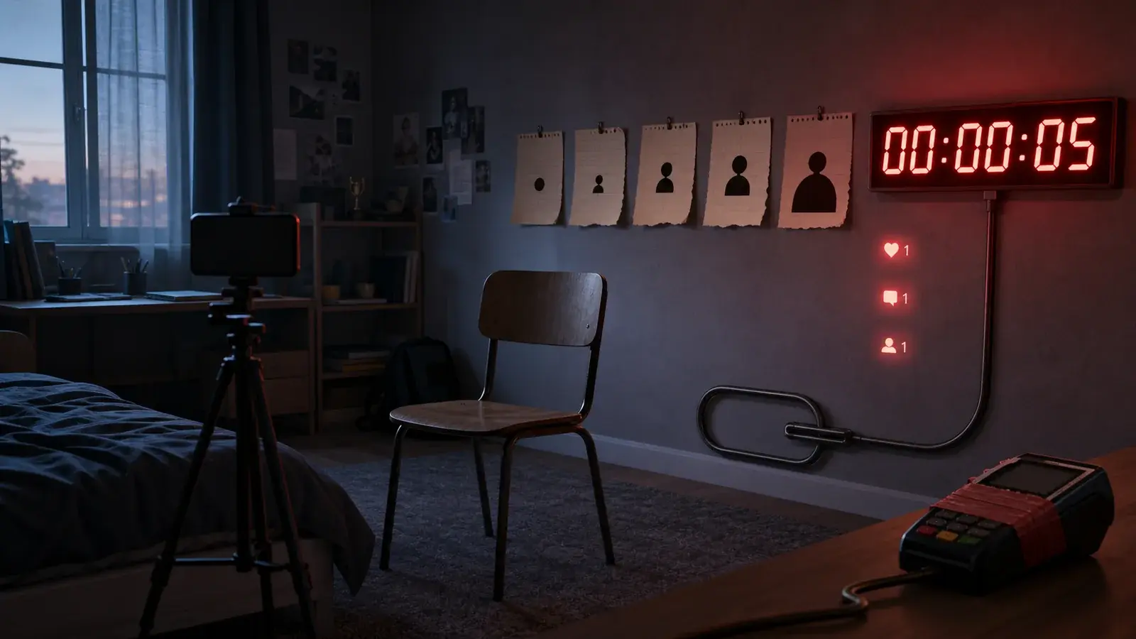 An empty chair facing a phone camera, calendar sheets, countdown display, and payment terminal.