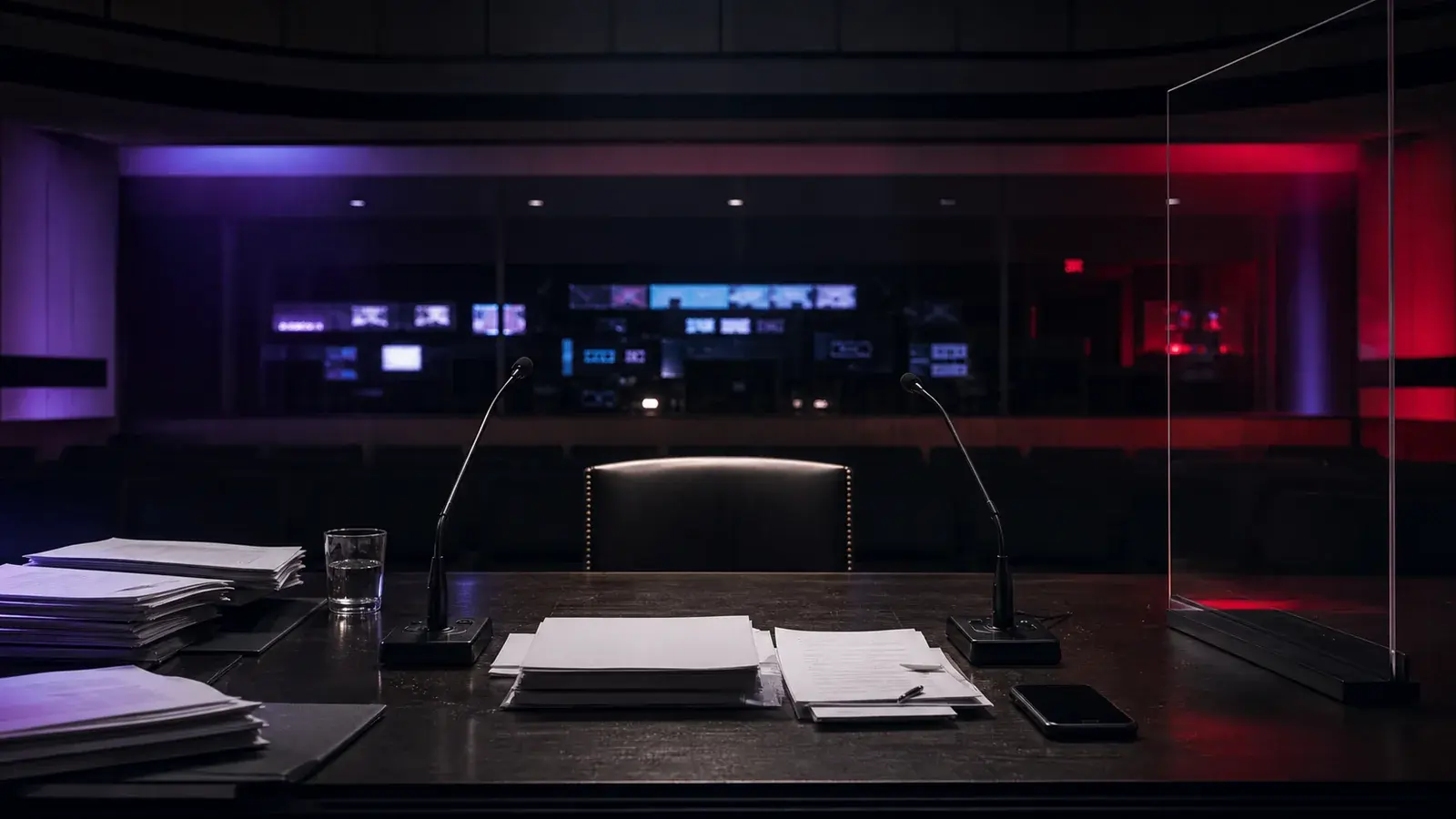 An empty hearing room with microphones, policy papers, a privacy screen, and opposing lights.