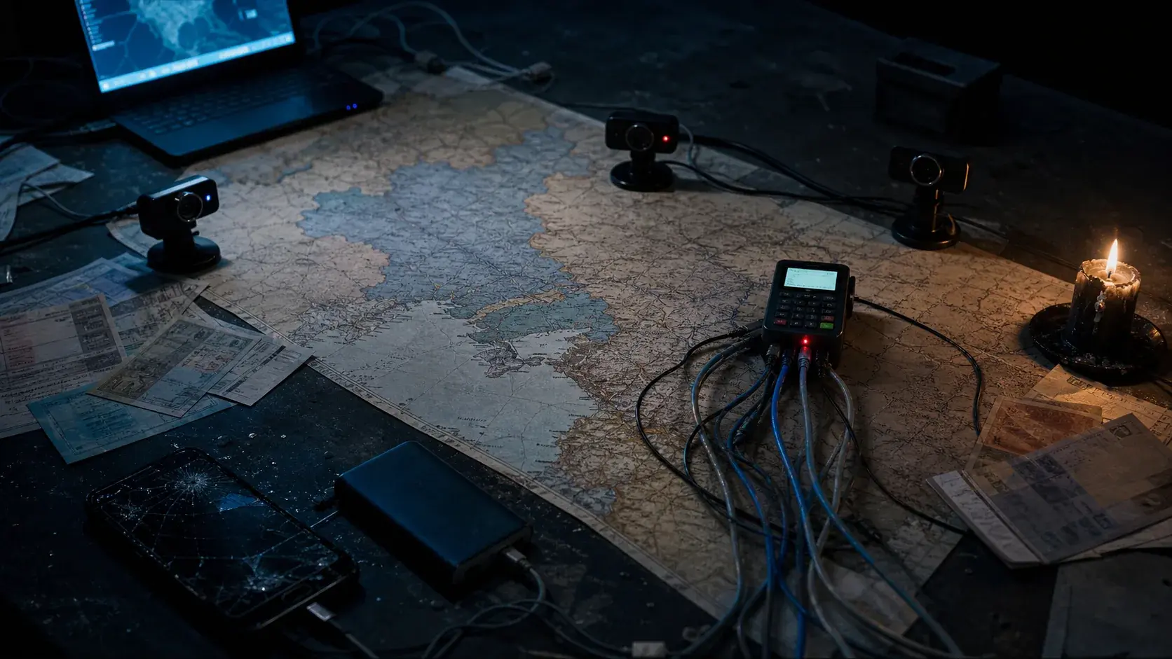 A worn regional map, webcams, cracked phone, blackout candle, and payment terminal connected by cables.
