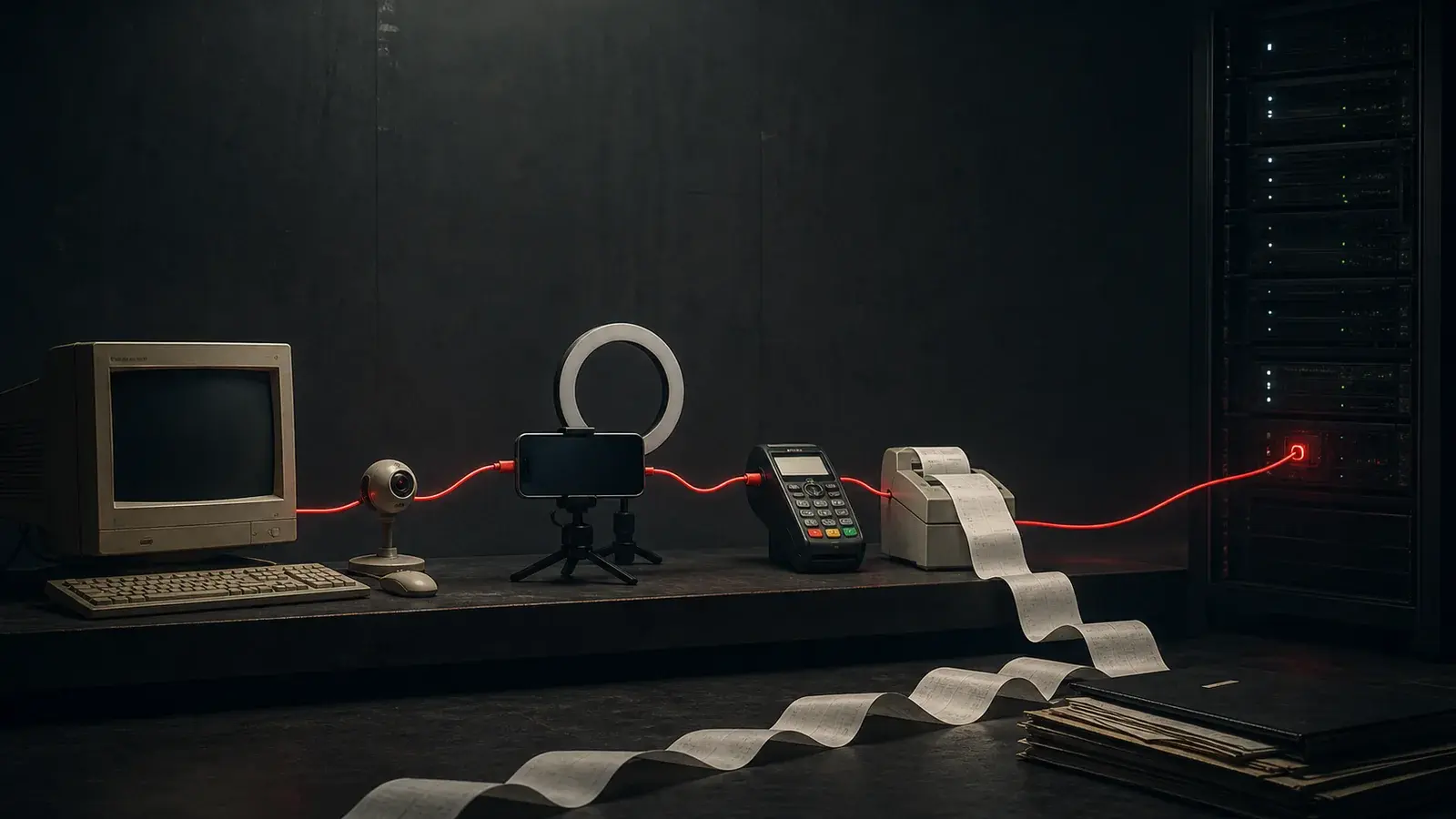 Communication devices from multiple eras connected to servers and a continuous ledger by one red cable.