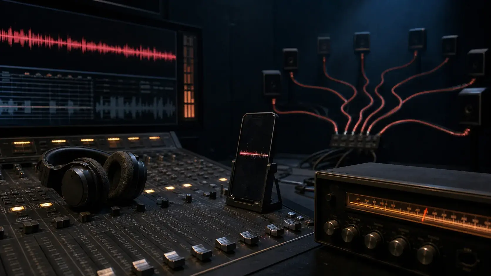 An empty audio studio where a phone, radio, waveform monitor, and branching speakers share one distribution system.
