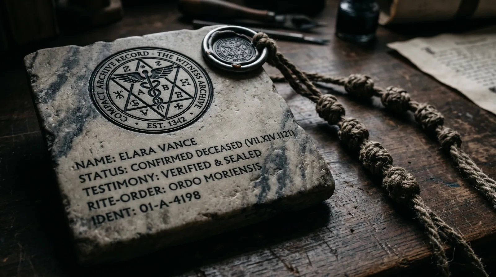 A recovered archive record with weathered documents and an emblem.