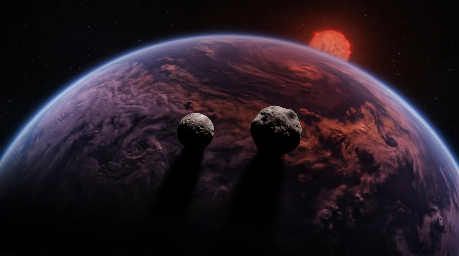 Veyrath from survey orbit, a dark mineral world with pale seams.