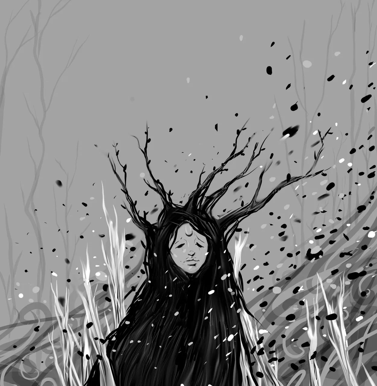A woman with closed eyes and long dark hair from which bare branches grow, amid drifting ash.