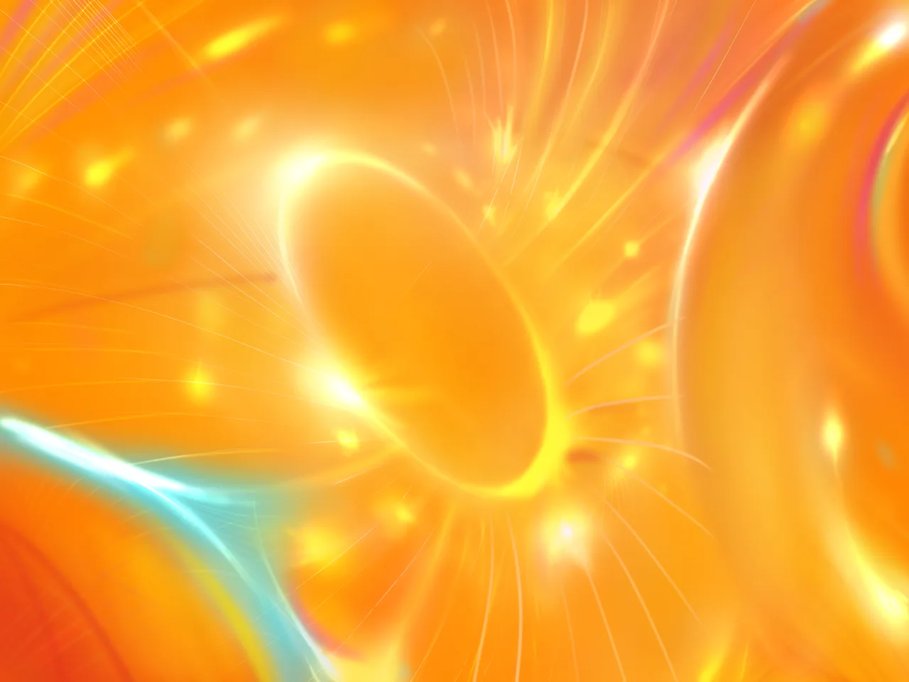 An abstract composition of glowing orange and gold light with a curved lens-like form and a cyan wisp.