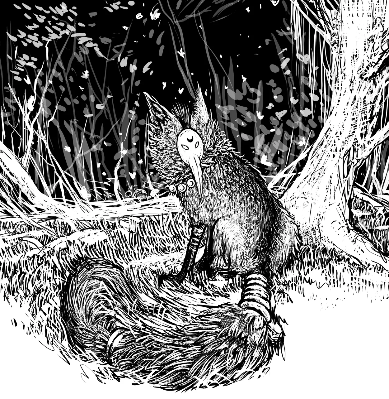 A horned owl-like creature perched on a nest in a dark, densely hatched forest.