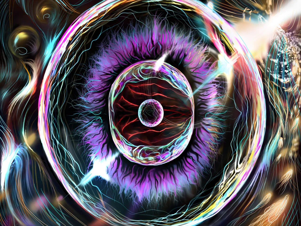 A neon, electric abstract of a glowing eye-like portal ringed with fractal filaments in violet, teal, and gold.