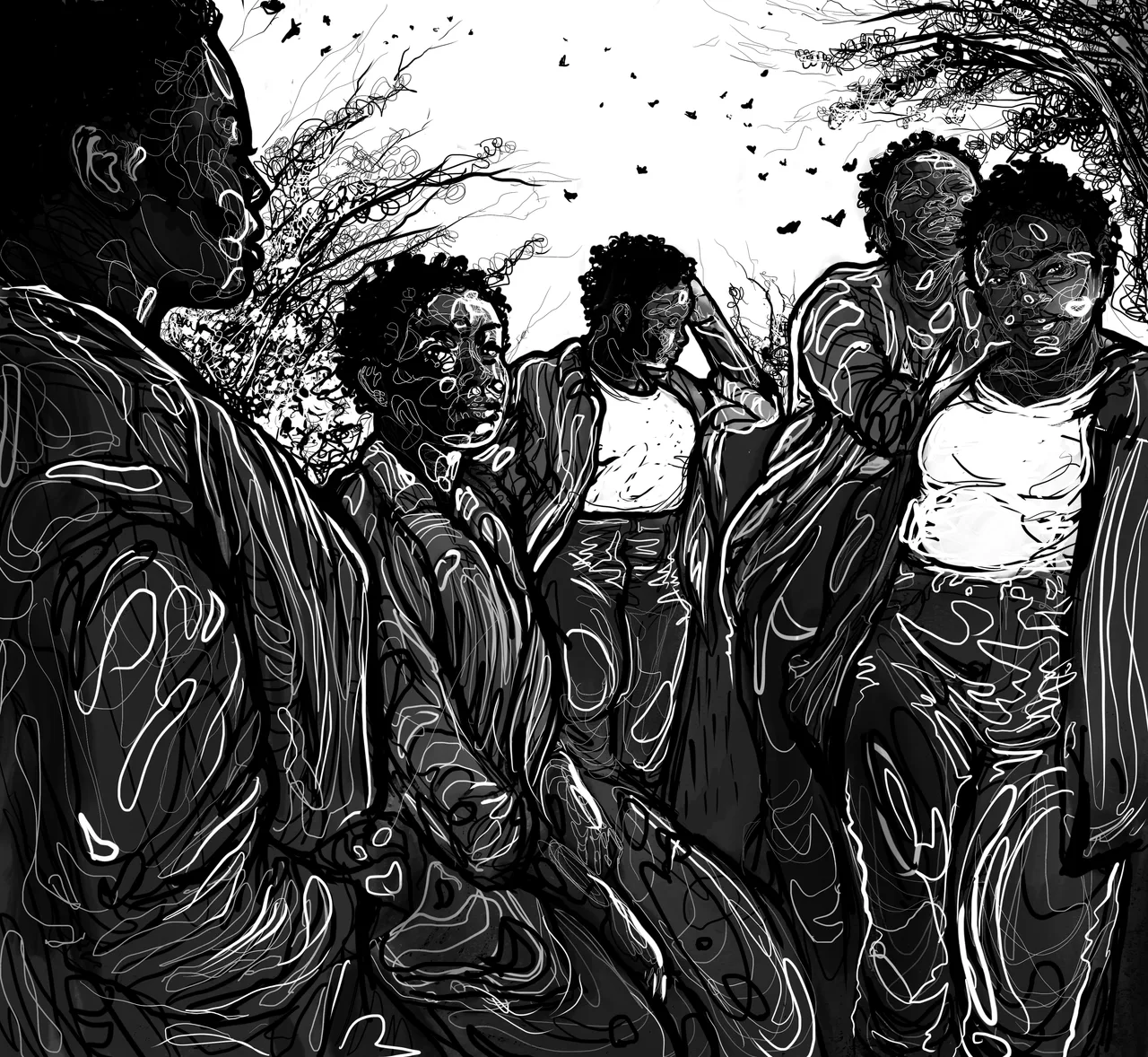 Five young figures standing together, rendered in energetic black-and-white linework.
