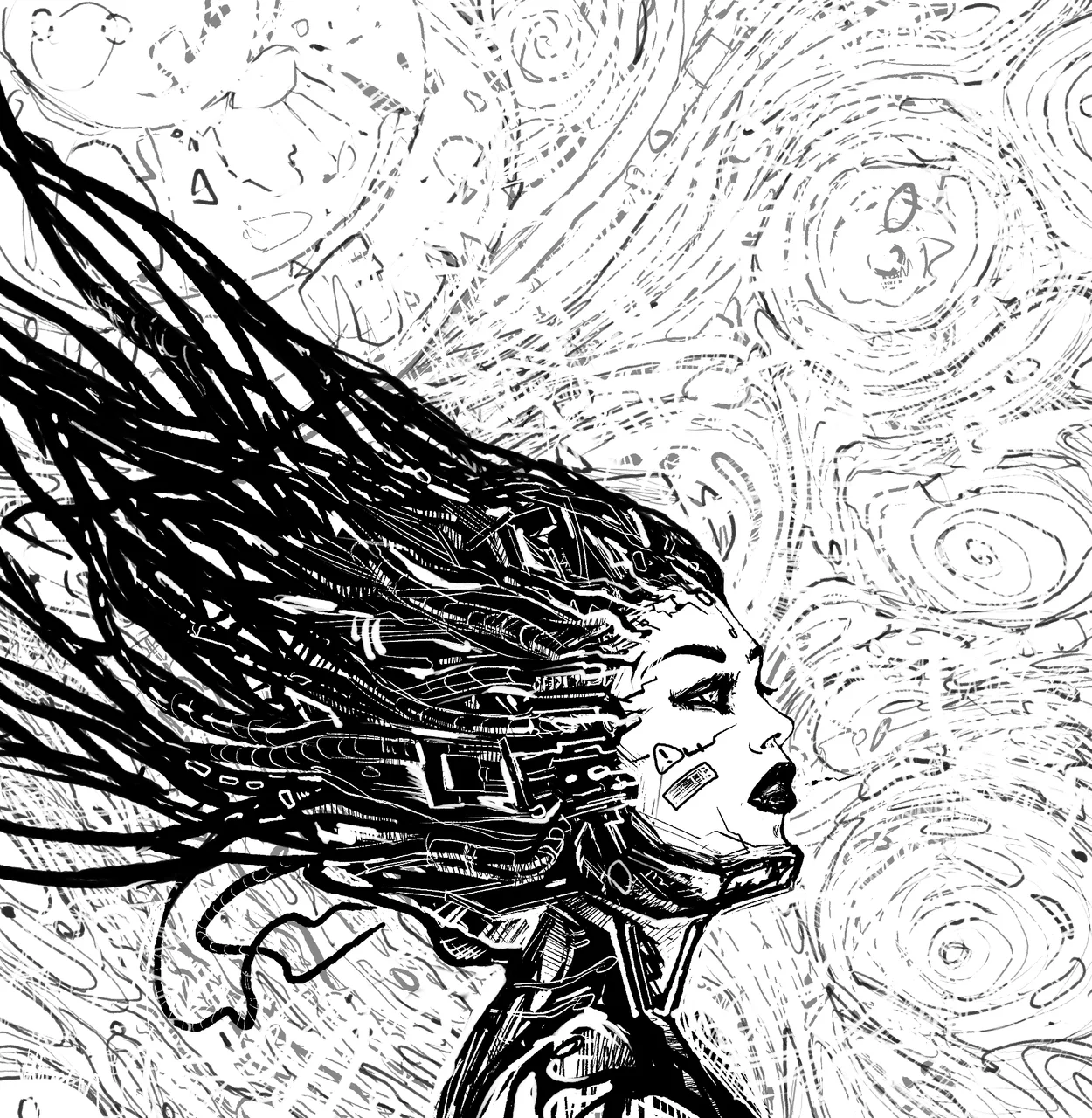 Profile of a cyberpunk figure with flowing wired hair streaming against a swirling patterned ground.