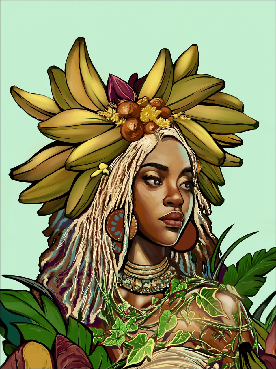 Digital portrait of a woman crowned with a headdress of plantains and tropical leaves, dreadlocked hair and gold jewellery, on a soft mint ground.