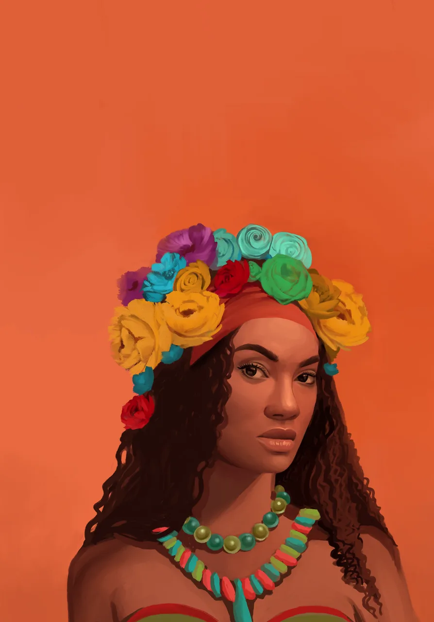 Painted portrait of a woman wearing a crown of multicoloured roses and turquoise beadwork against a warm terracotta ground.