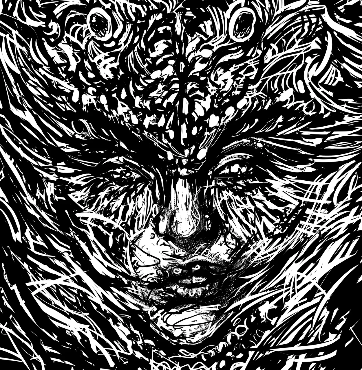 A face emerging from a storm of white-on-black ink strokes, like a figure in a blizzard.