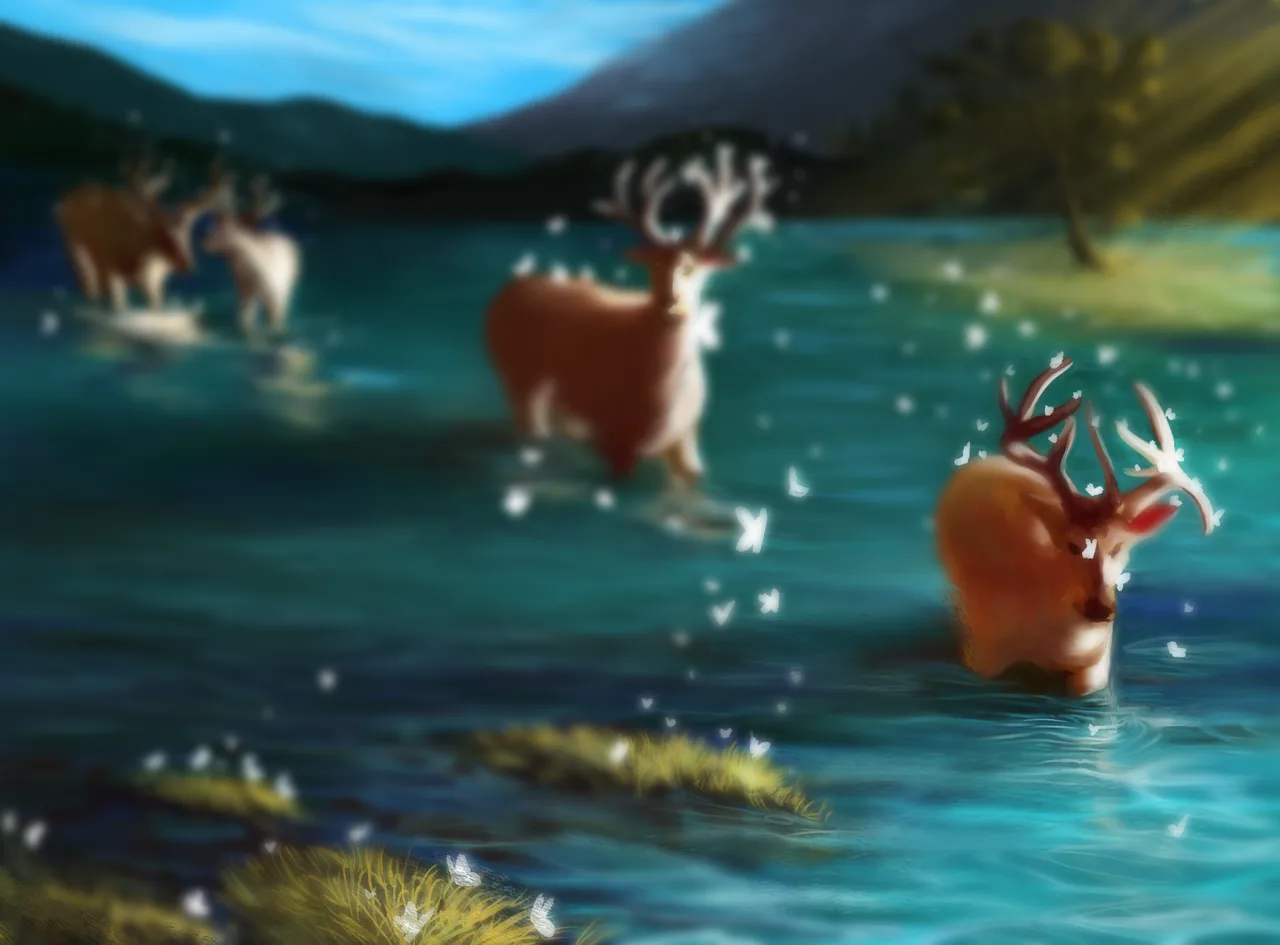Whitetail bucks wading and leaping through a sunlit mountain pond, water splashing around them.