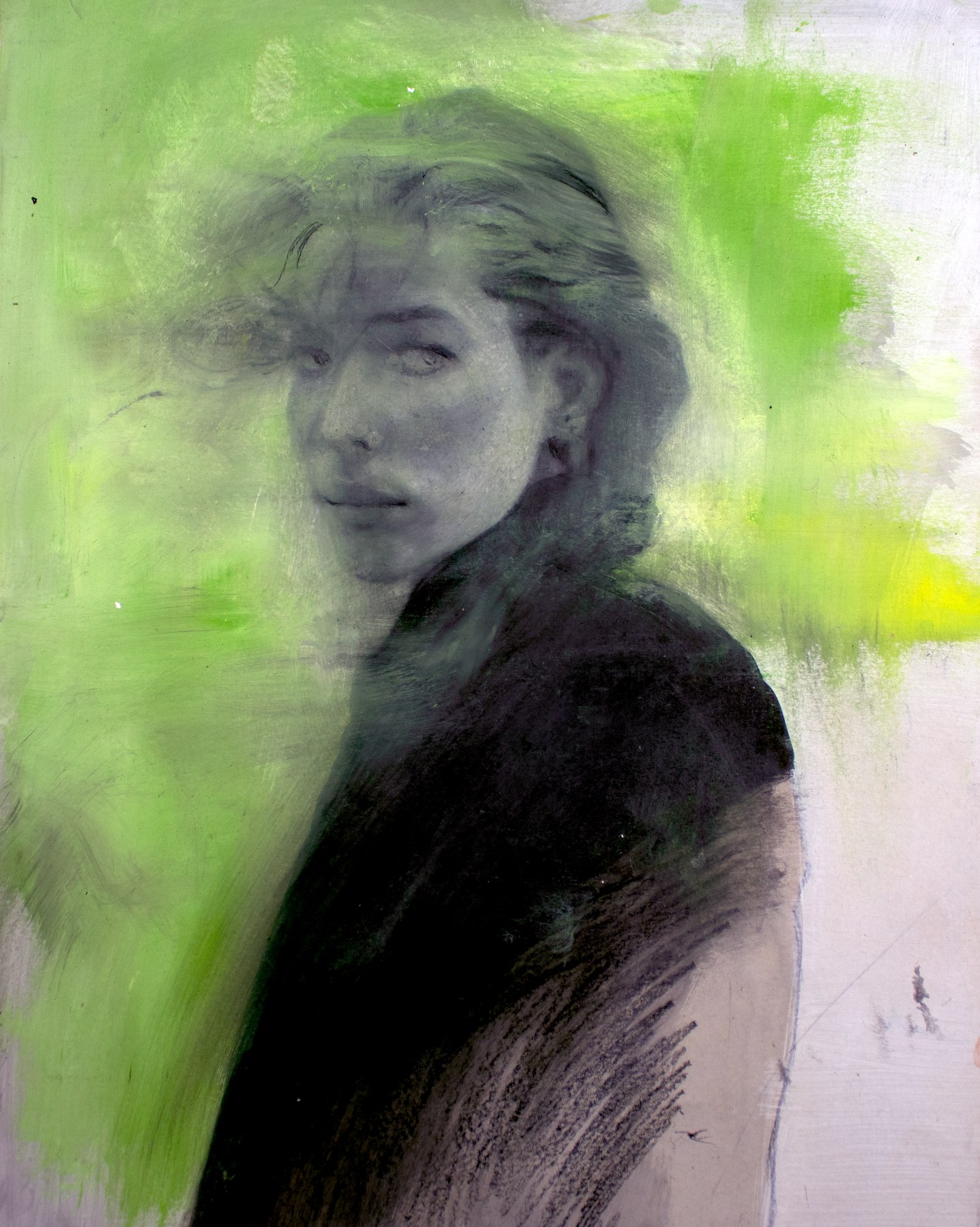Soft portrait partly obscured by translucent lime green paint and pale brushwork.