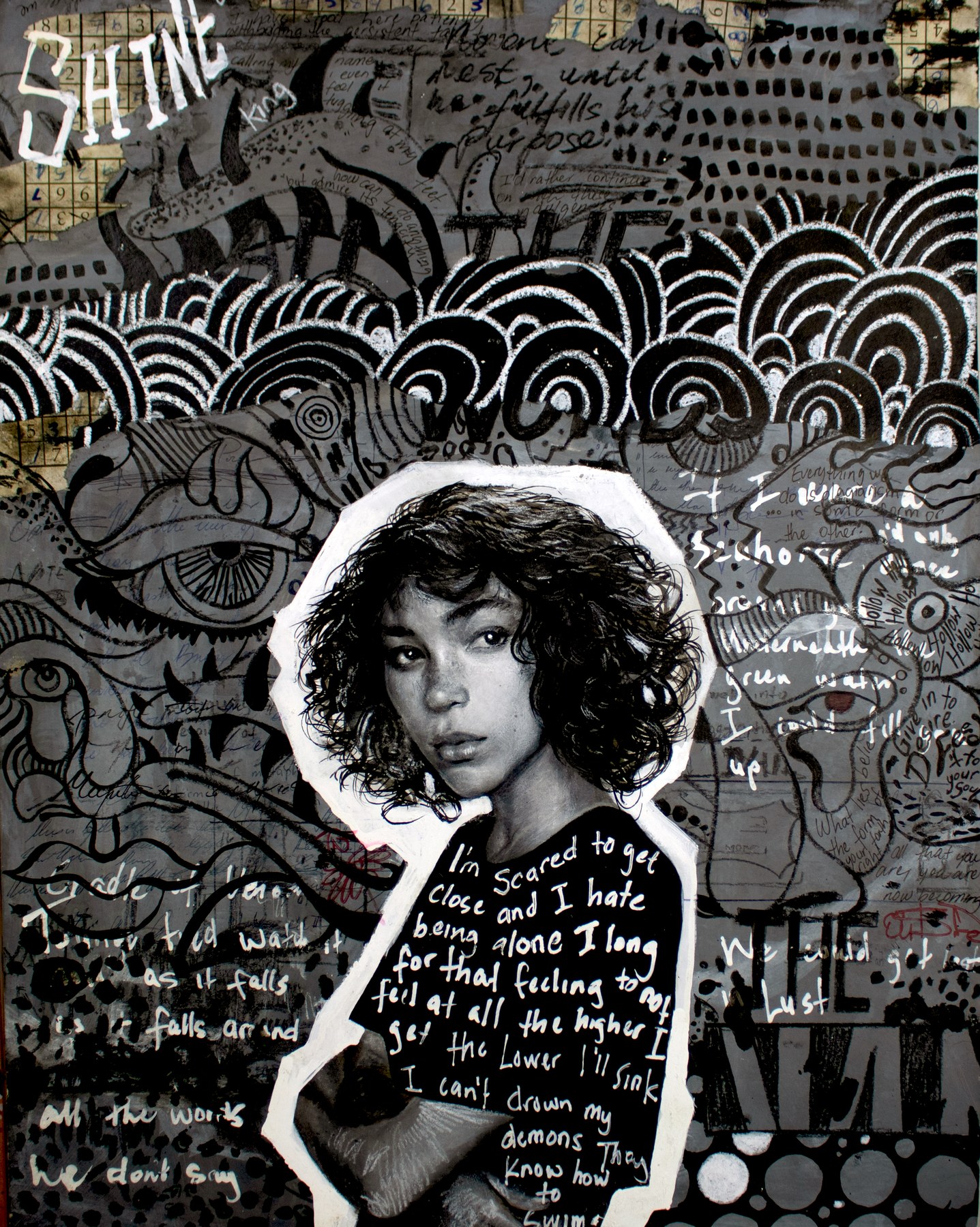 Dense mixed-media collage with a small portrait figure, handwritten text, eyes, waves, grids, and the word Shine.