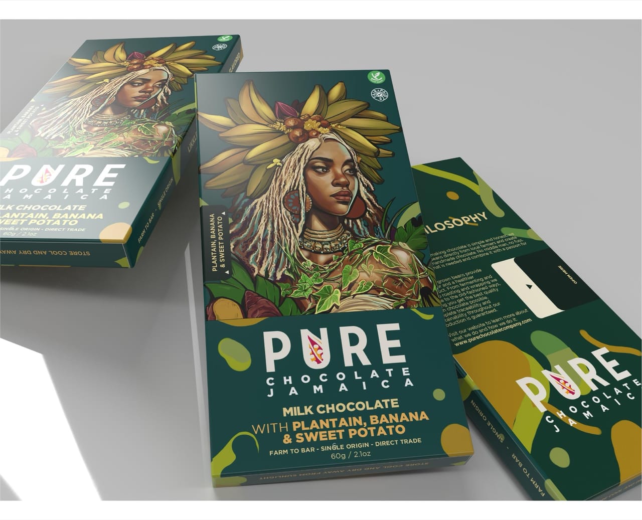 Three-dimensional mock-up of the Banana, Plantain & Sweet Potato boxes — two teal cartons carrying the painted plantain-crowned figure, shown front and back.