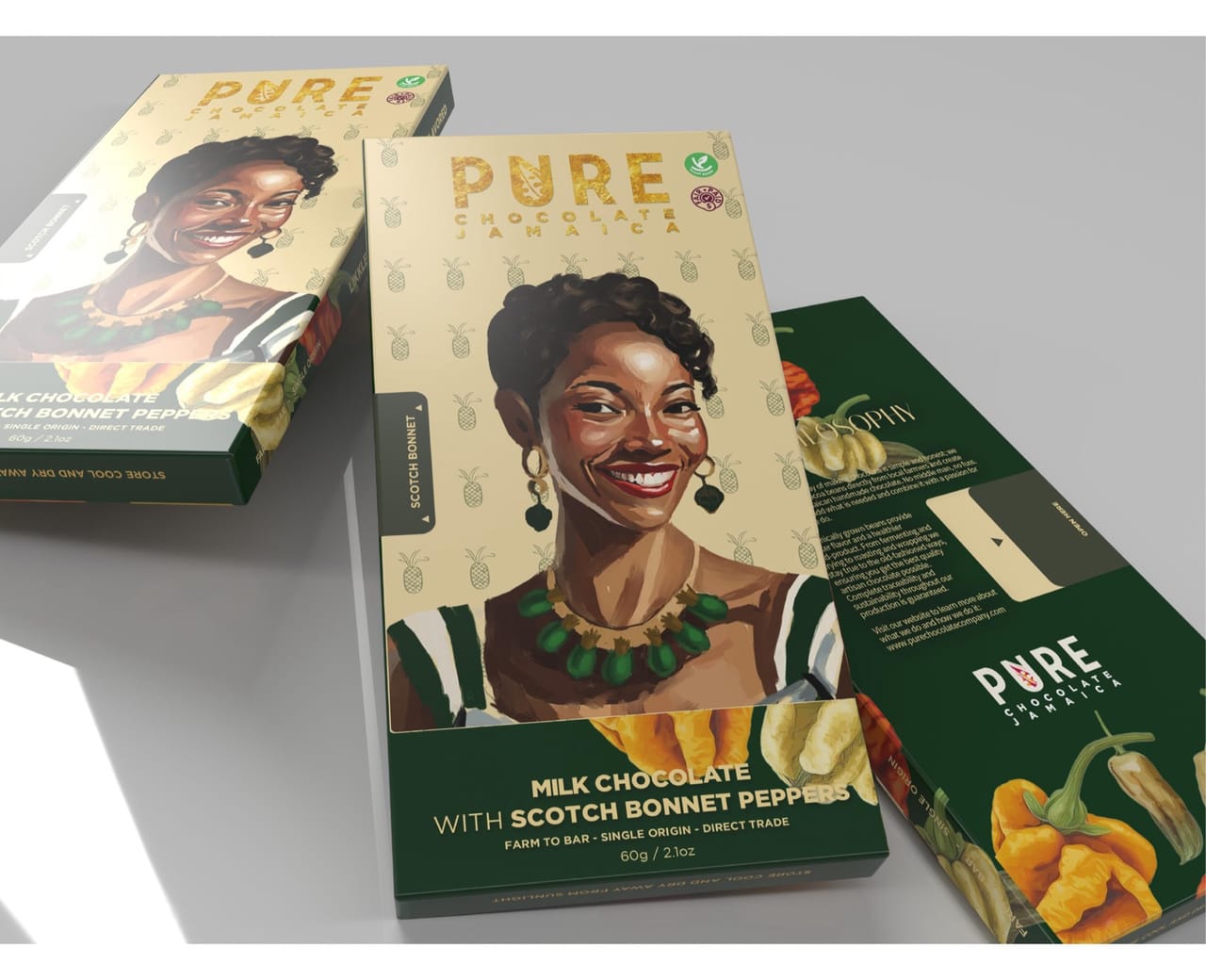 3D mock-up of the Scotch Bonnet carton in the gold colourway — a cream, pineapple-patterned front panel with the painted figure.