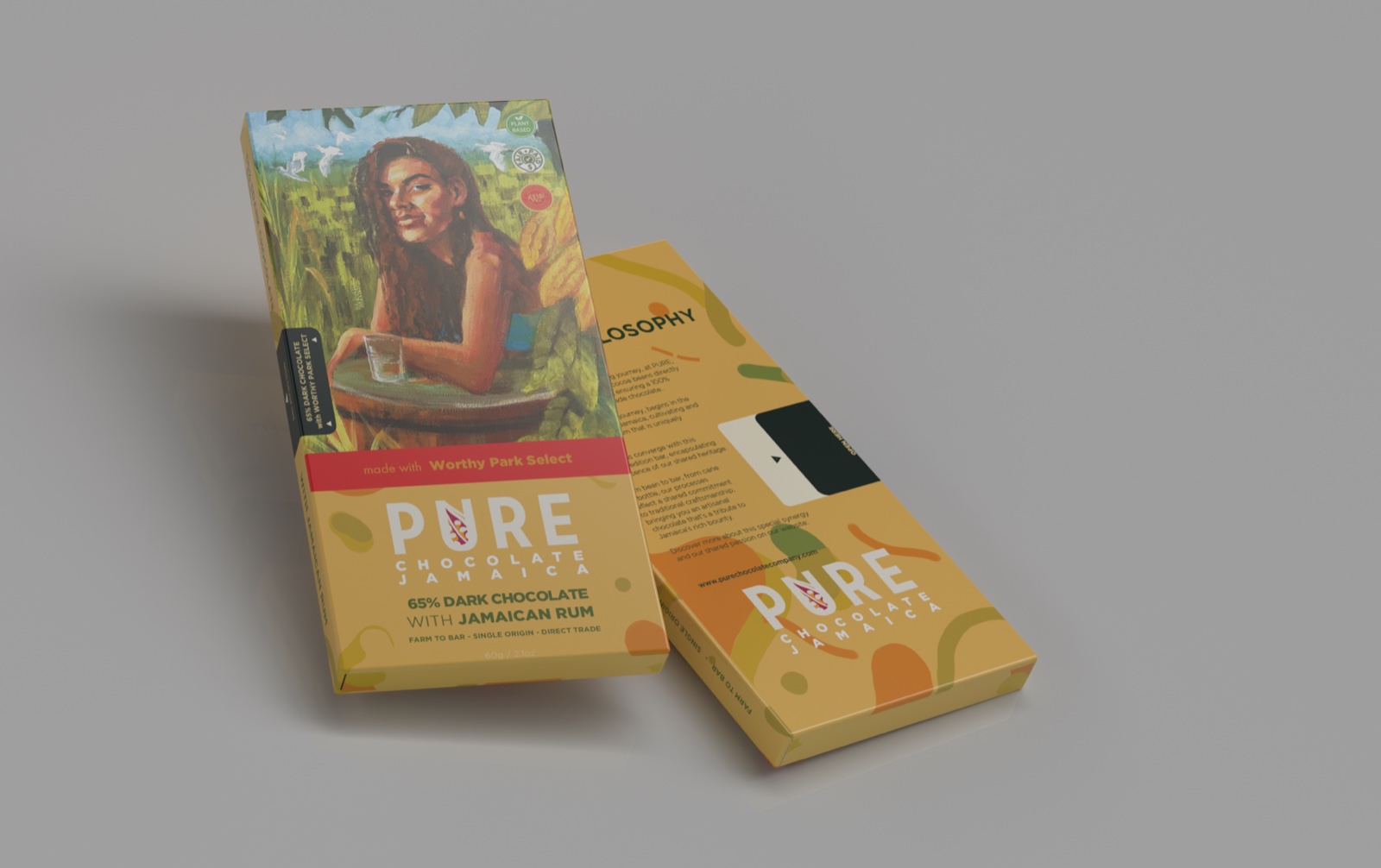 3D mock-up of the Worthy Park Rum 65% dark-chocolate carton — a tan box with a painted figure resting in a sunlit cane field, shown front and back.