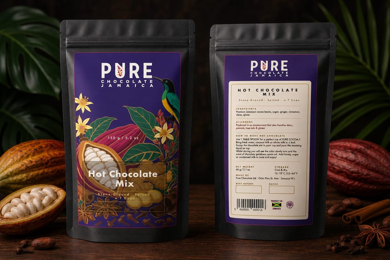 Hot Chocolate Mix pouches front and back — black stand-up pouches with a violet painted label of a sunbird, star anise and split cacao, styled with spices.