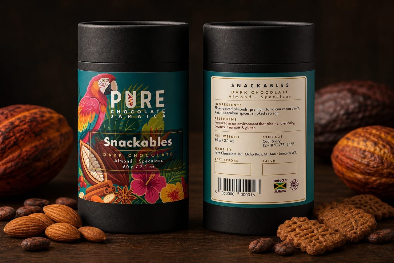 Snackables dark-chocolate canisters front and back — black paperboard tubes with a teal label and painted scarlet macaw, beside almonds and speculaas biscuits.