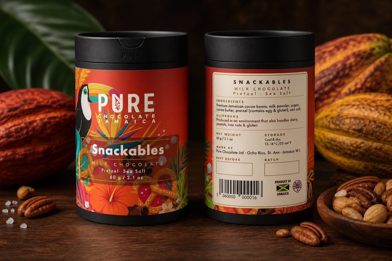 Snackables milk-chocolate canisters front and back — black tubes with a sunset-orange label and painted toucan among pretzels and hibiscus.