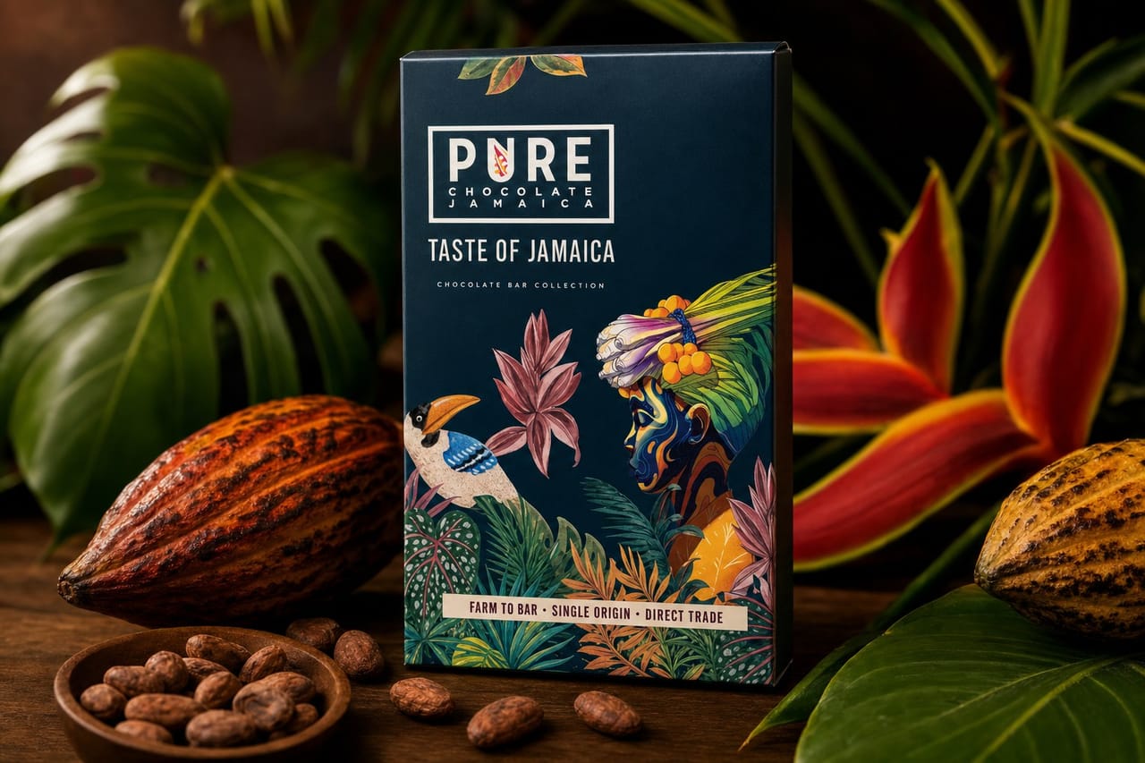 Studio product photograph of the Taste of Jamaica export gift box — a tall navy carton with the painted PURE Chocolate wordmark, blue toucan and tropical figure, staged on dark walnut with cocoa pods and tropical leaves.