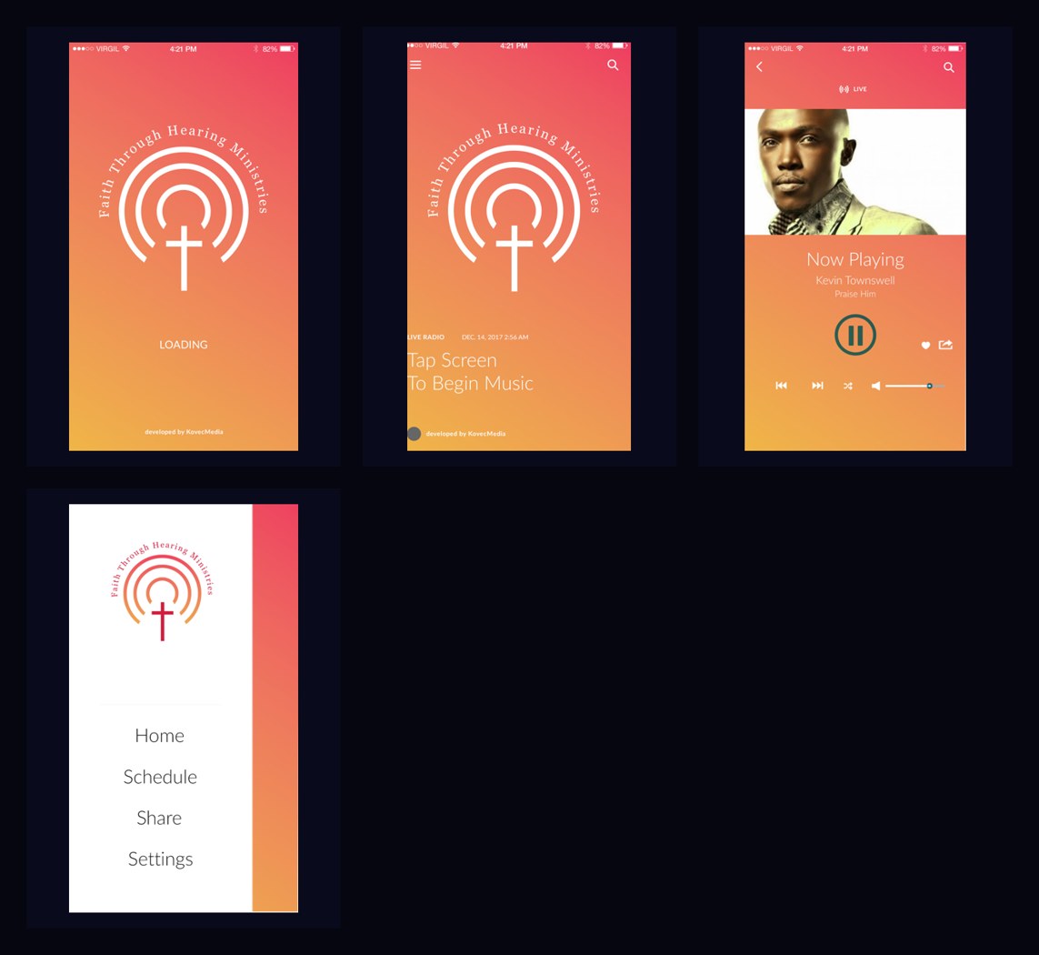 Faith Through Hearing mobile app screens with devotional audio playback and navigation