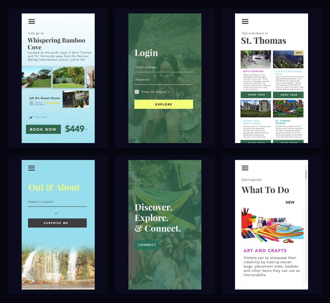 Jam in Jamdung travel app screens for destination discovery, login, search, and activities