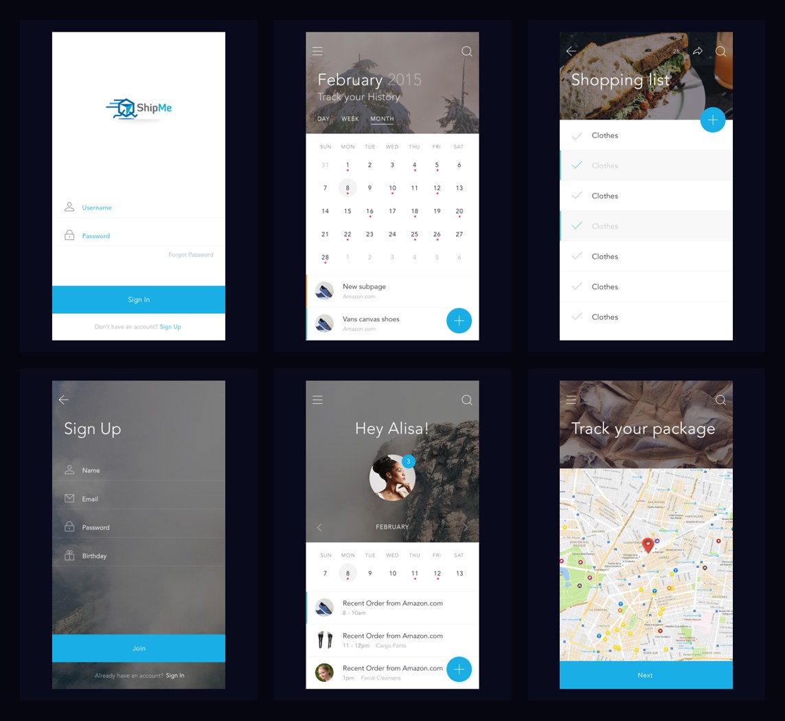 ShipMe mobile interface screens from the product design portfolio.