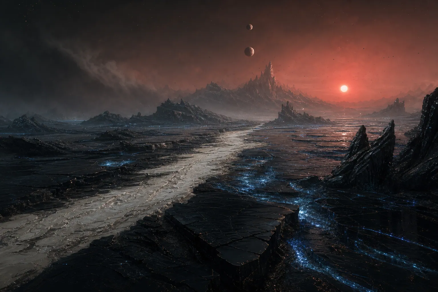 A dark cinematic landscape used as an abstract system-trace poster.